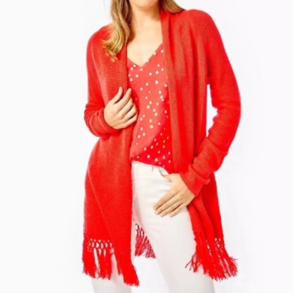 Lilly Pulitzer Tatum Cardigan Long Sweater Fringe Size XXL Ruby Red Metallic NWT